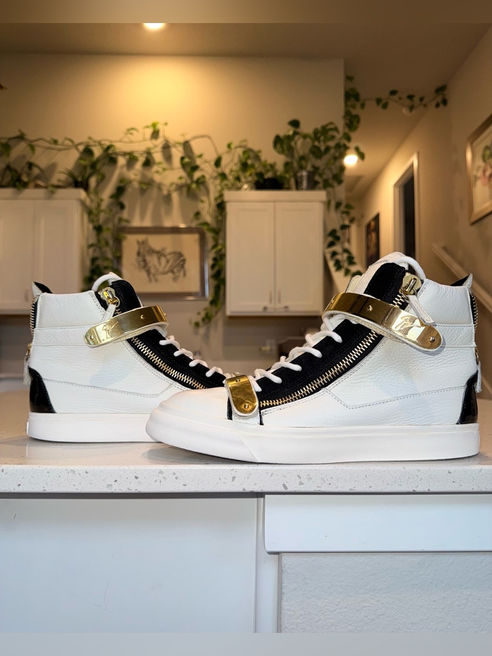 Giuseppe Zanotti Coby White & Black High-Top Sneakers with Gold Hardware